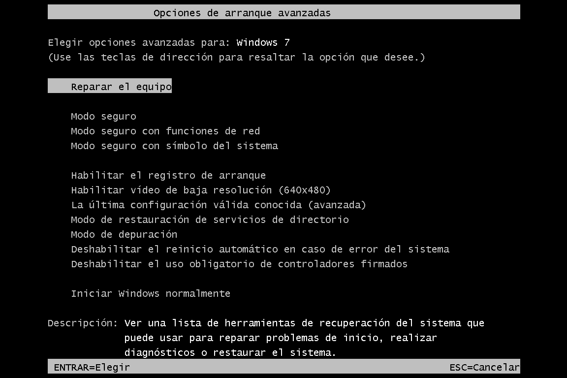 Opciones Arranque Avanzadas Windows7 XP